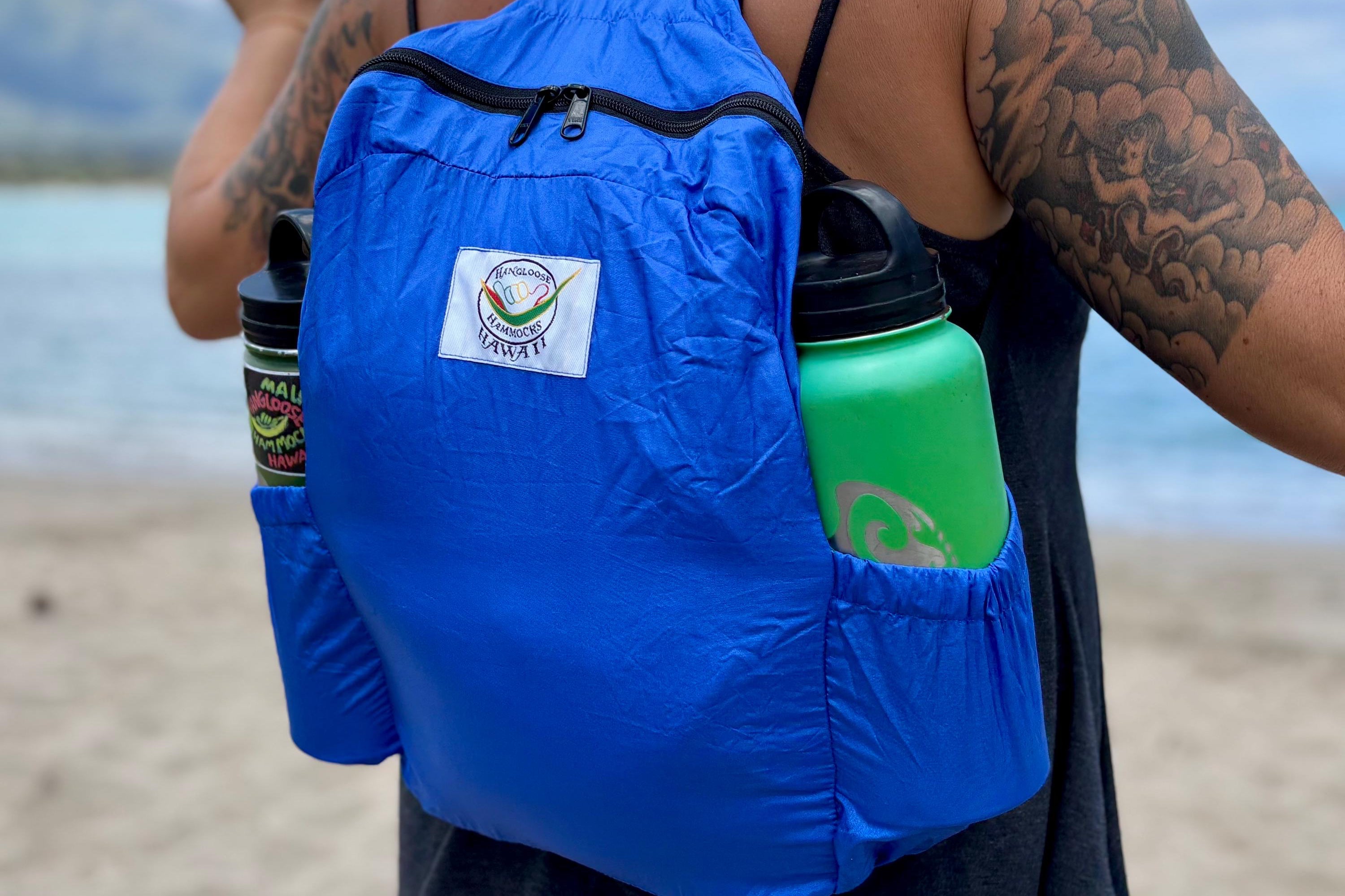 Parachute Silk Backpack • Royal Blue • Ultralight 6.6 oz • Foldable Travel Pack • Stuff Sack & XL Drink Holders • Free Shipping from Maui