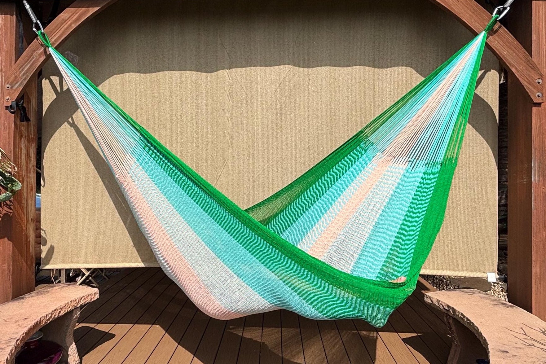 Handwoven Thai Hammock • Weather-Resistant, Fair Trade Green/Light Blue/Peach Blend