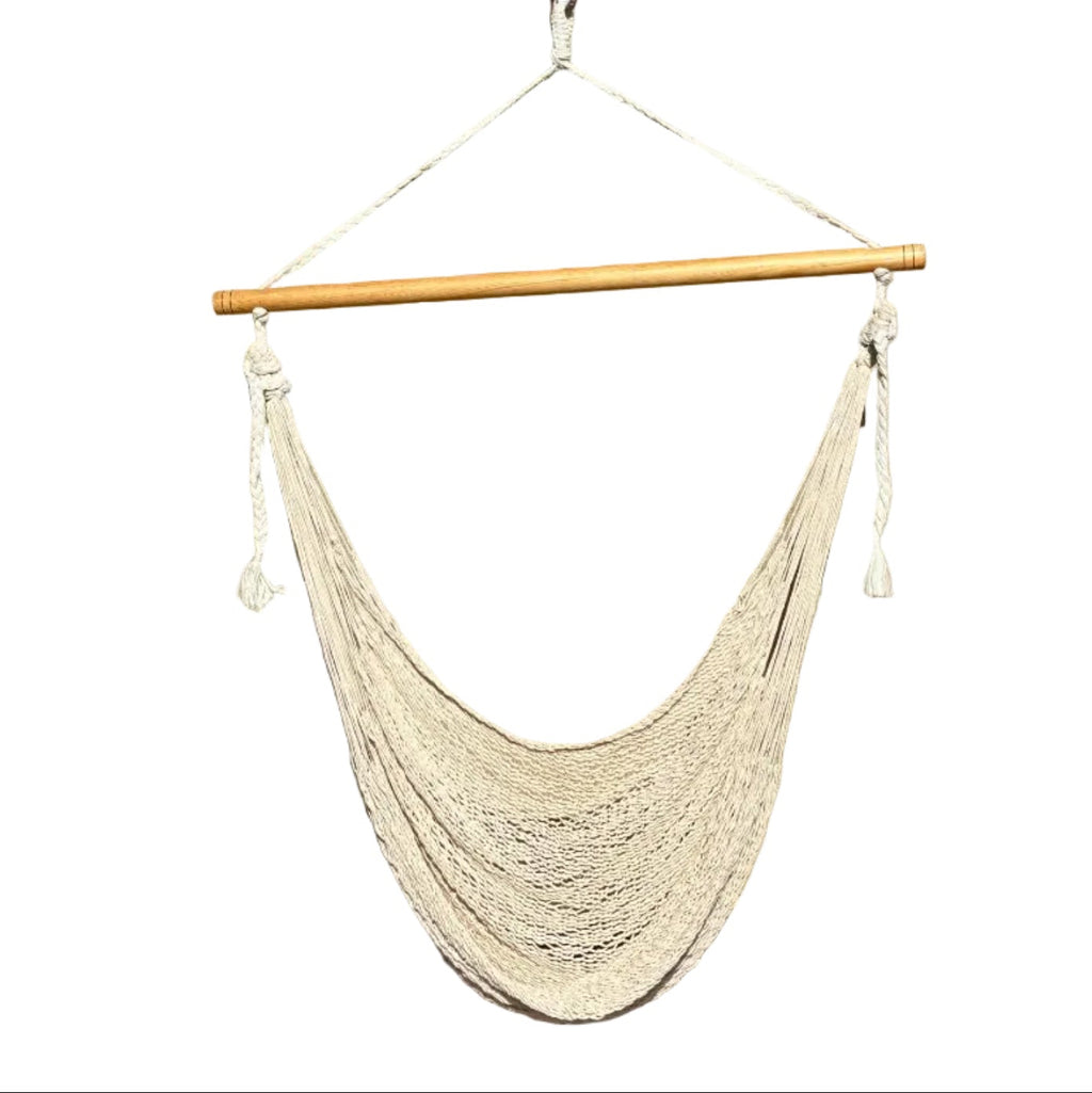 Mayan Hammock Chair • Natural Undyed Cotton • Hand-Woven • Wooden Spreader Bar • 260 lb Rated • Fair Trade