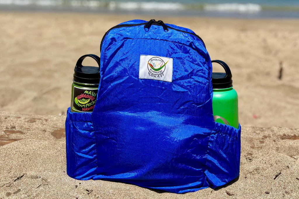 Parachute Silk Backpack • Royal Blue • Ultralight 6.6 oz • Foldable Travel Pack • Stuff Sack & XL Drink Holders • Free Shipping from Maui