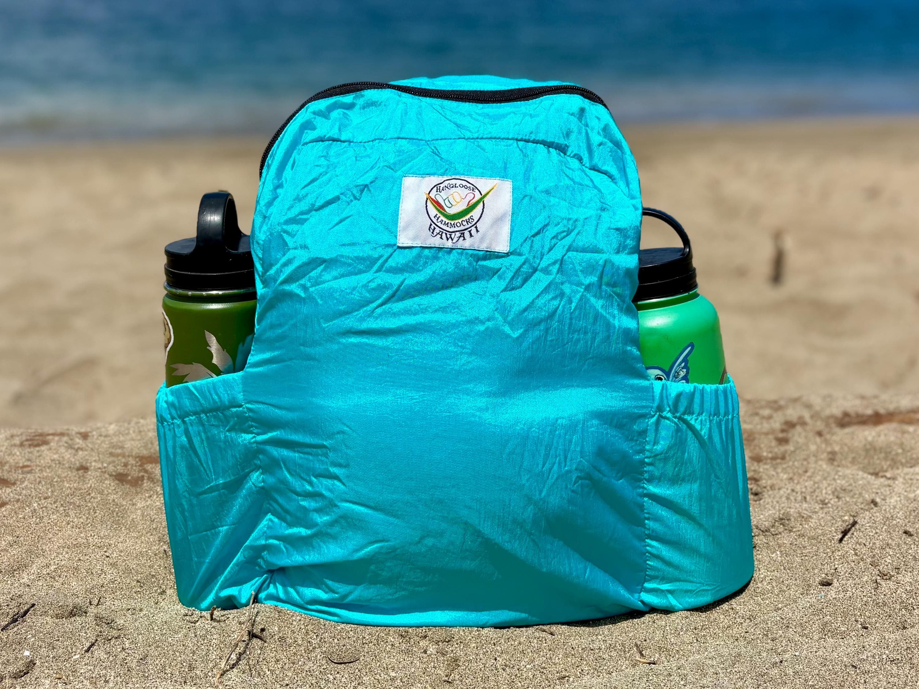 Parachute Silk Backpack • Aqua • Ultralight 6.6 oz • Foldable Travel Pack • XL Drink Holders • Free Shipping from Maui