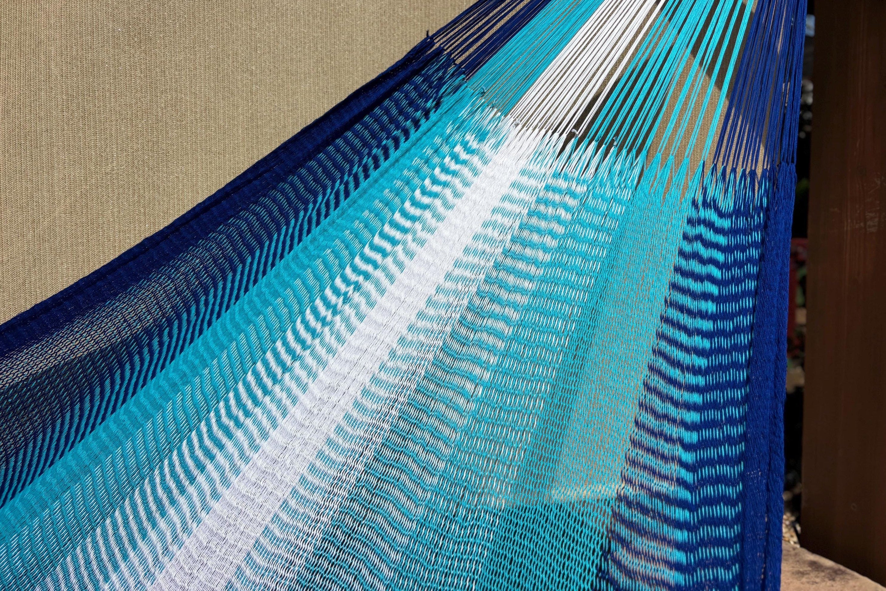 Handwoven Thai Hammock • Weather-Resistant, Fair Trade (Light Blue, Dark Blue, White Blend)