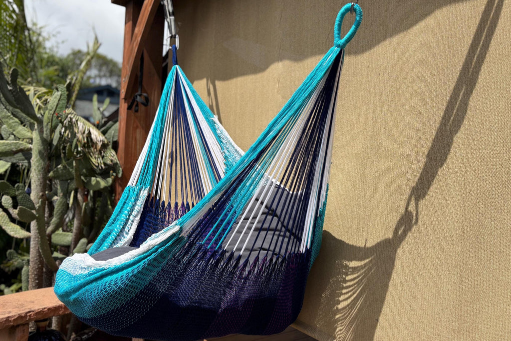 Thai Hammock Chair • Blue, Aqua & White • Handwoven in Thailand • UV-Resistant • 500 lb Rated • Fair Trade