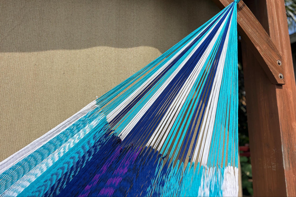 Handwoven Thai Hammock • Weather-Resistant, Fair Trade Nalu/Wave Blend (White, Light & Dark Blue with purple stripes) Beautiful