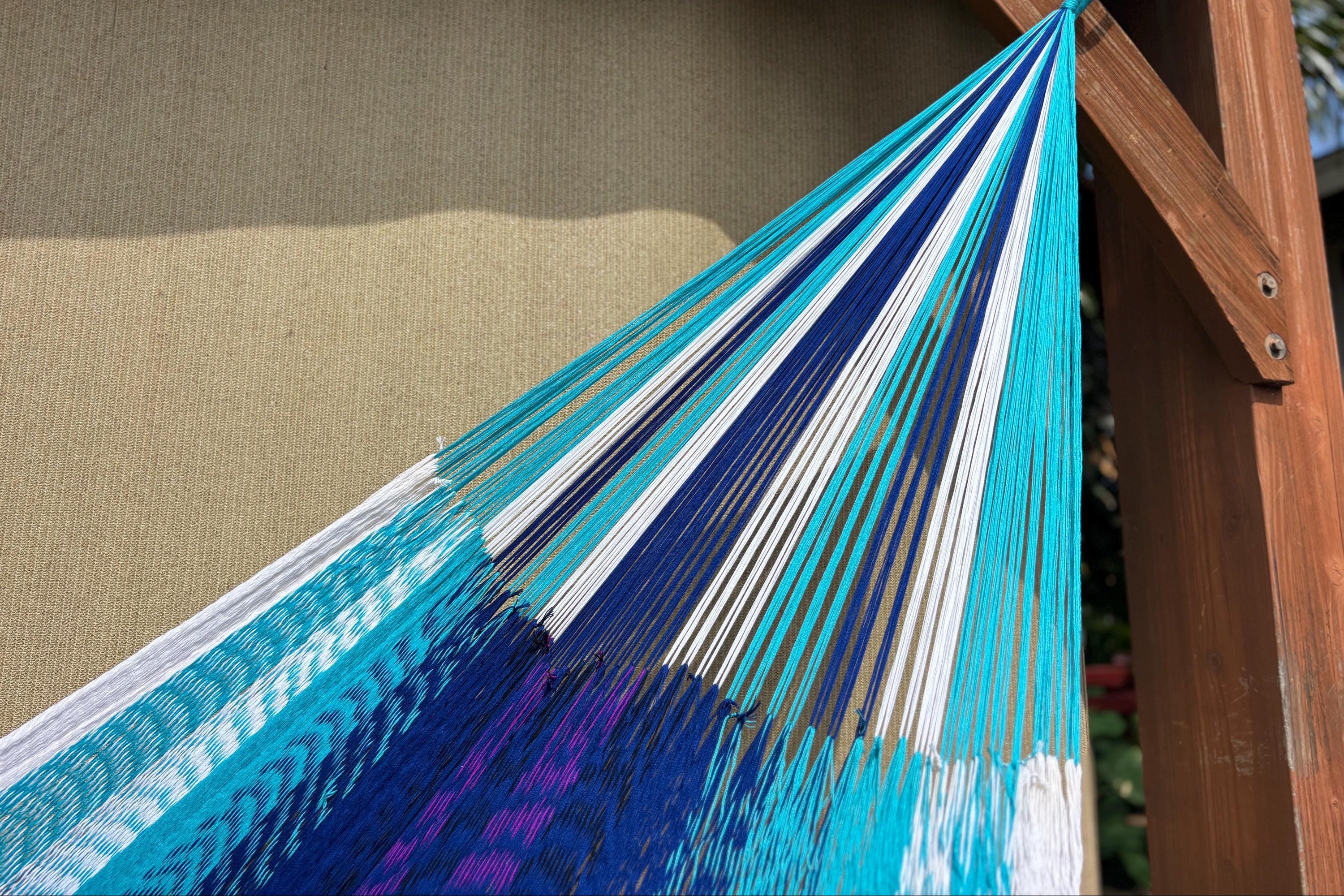 Handwoven Thai Hammock • Weather-Resistant, Fair Trade Nalu/Wave Blend (White, Light & Dark Blue with purple stripes) Beautiful