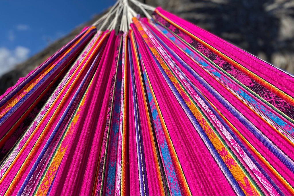 Ecuador Fringe Hammock • Pink Blend • Handwoven by Artisans • UV-Resistant • 500 lb Rated • Fair Trade • Free Shipping