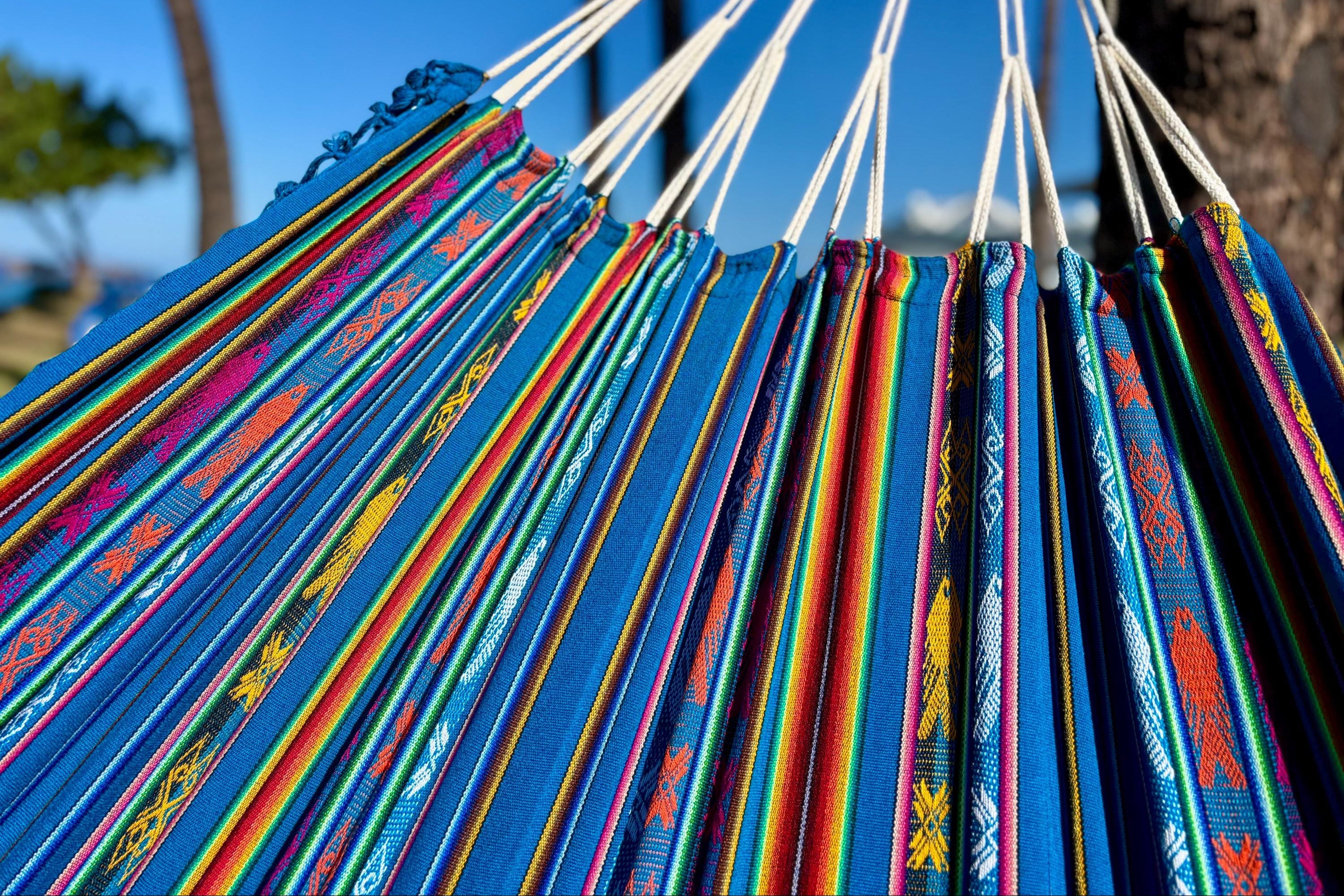 Ecuador Fringe Hammock • Blue Blend II • Handwoven by Artisans • UV-Resistant • 500 lb Rated • Fair Trade • Free Shipping