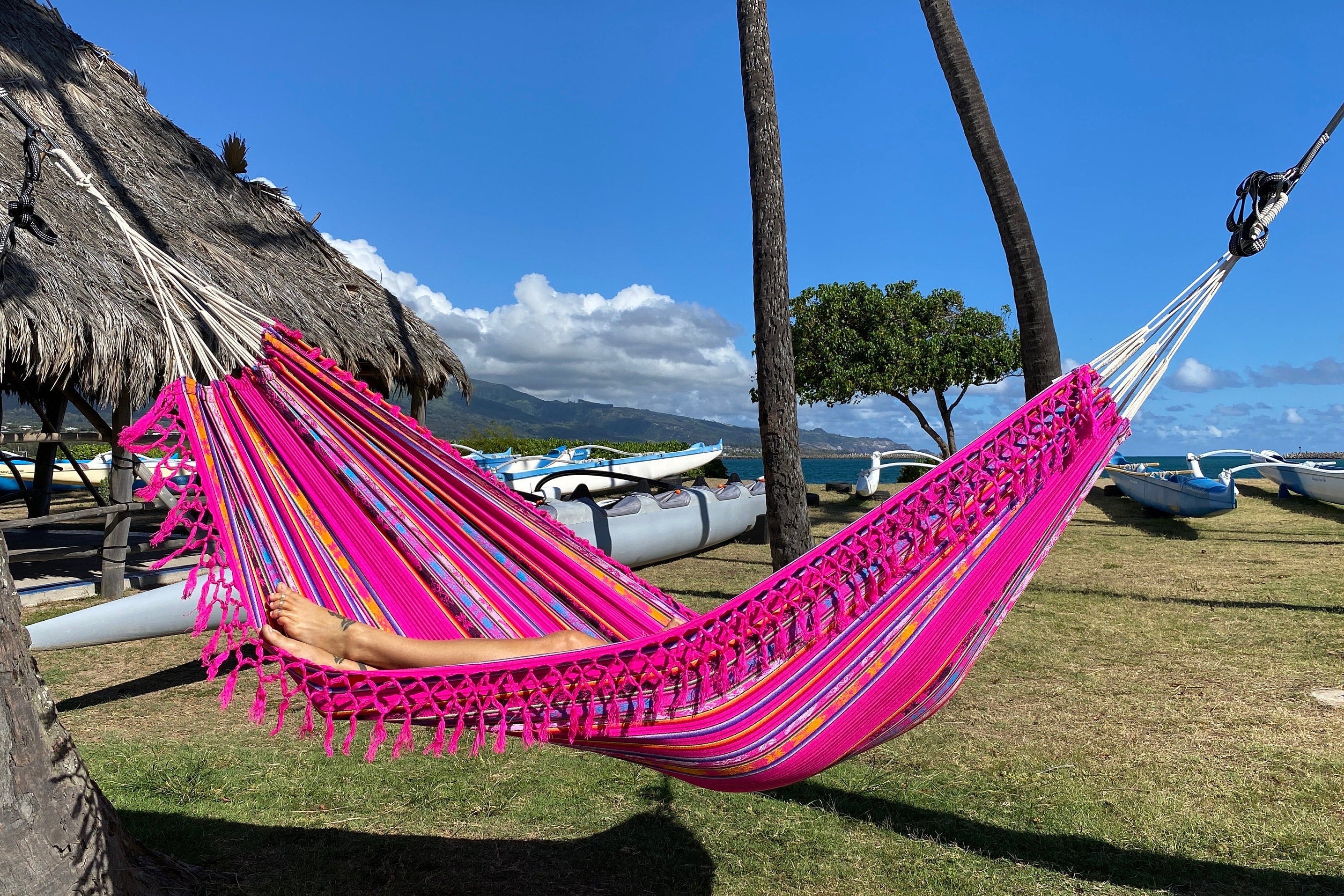 Ecuador Fringe Hammock • Pink Blend • Handwoven by Artisans • UV-Resistant • 500 lb Rated • Fair Trade • Free Shipping