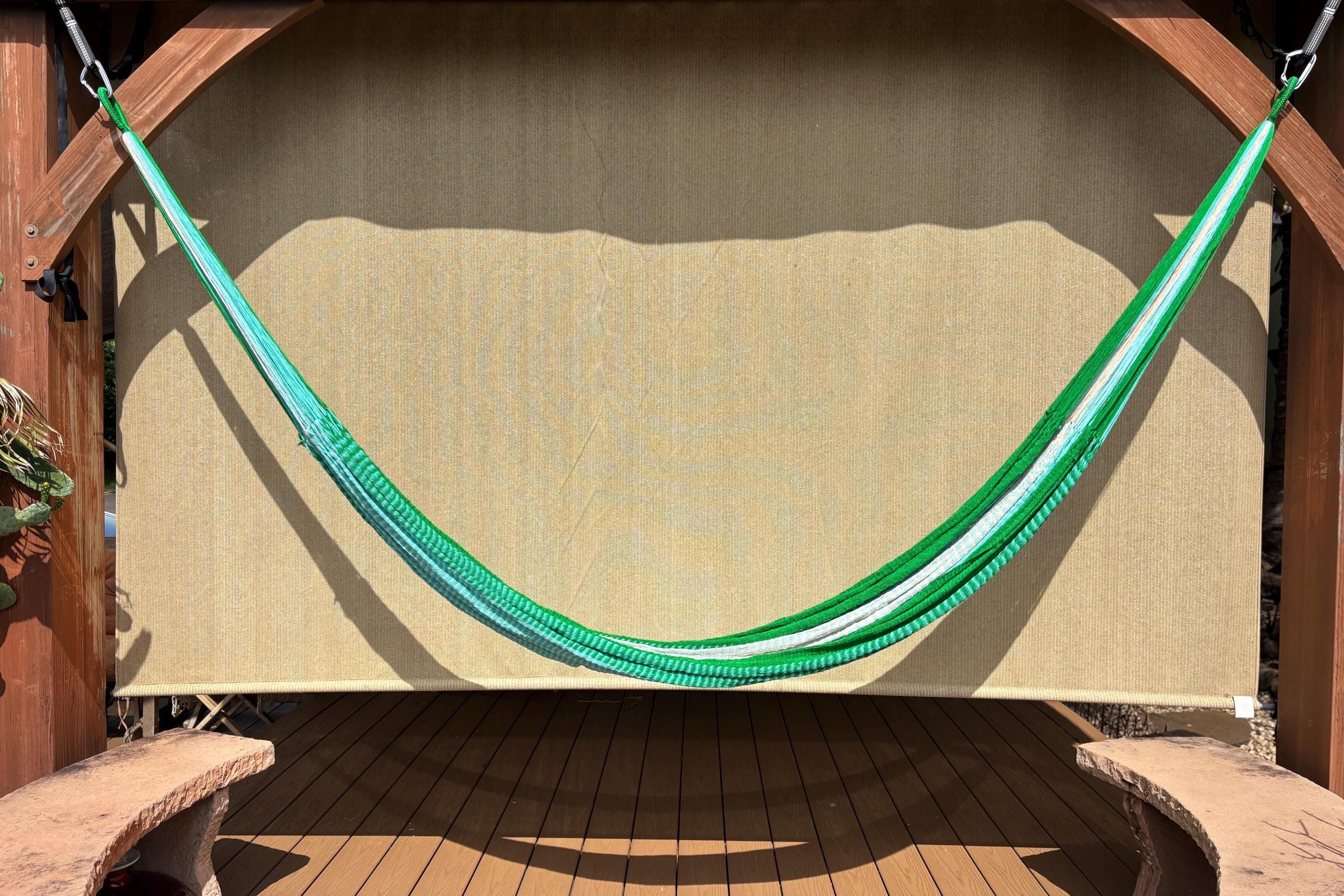 Handwoven Thai Hammock • Weather-Resistant, Fair Trade Green/Light Blue/Peach Blend