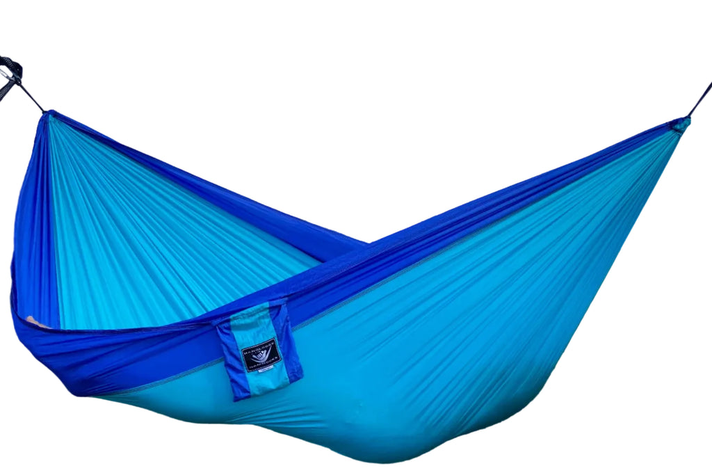 Parachute Silk Camping Hammock • Double XXL 6.5’x10’ • 440 lb Rated • Includes Carabiners & Stuff Sack • Ultralight & Packable • Handcrafted in Bali Since 1996
