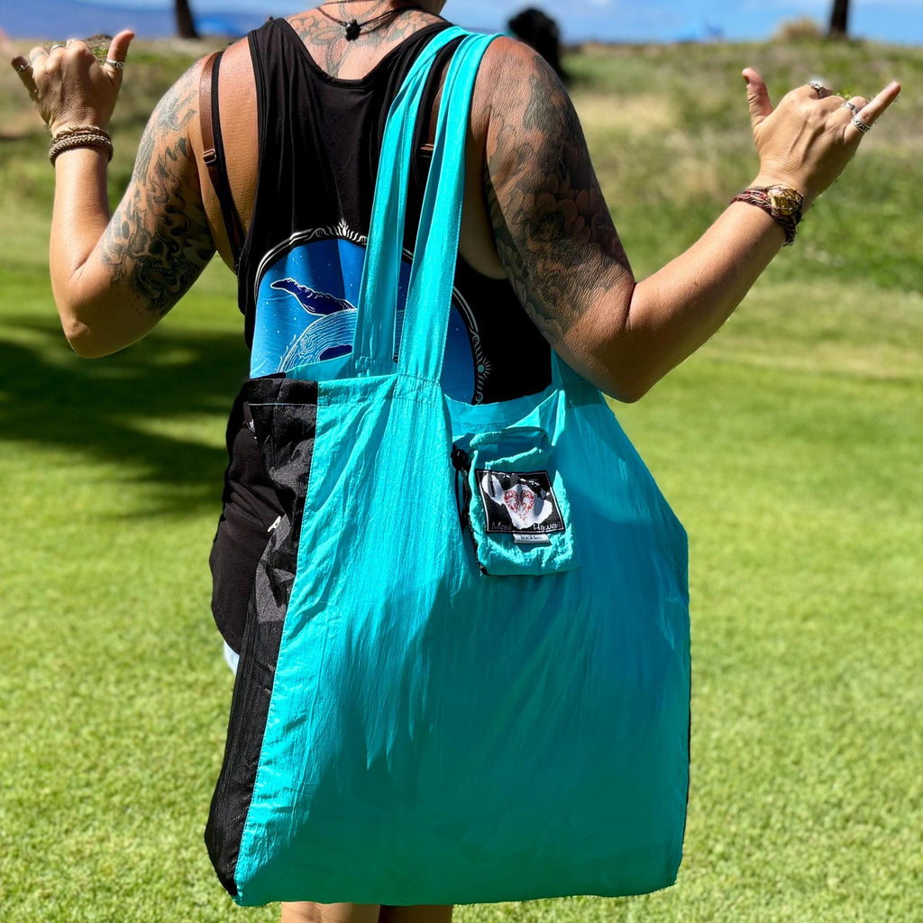 Aqua/ Black - Parachute Silk Beach Bag: Ultralight, Compact Tote from Maui