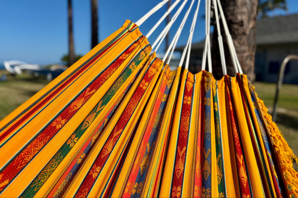 Ecuador Fringe Hammock • Yellow Blend • Handwoven by Artisans • UV-Resistant • 500 lb Rated • Fair Trade • Free Shipping