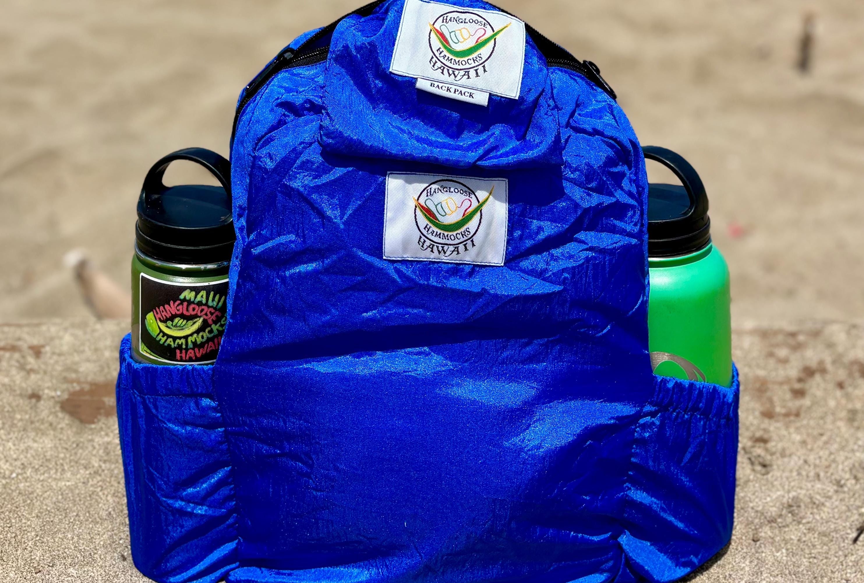 Parachute Silk Backpack • Royal Blue • Ultralight 6.6 oz • Foldable Travel Pack • Stuff Sack & XL Drink Holders • Free Shipping from Maui