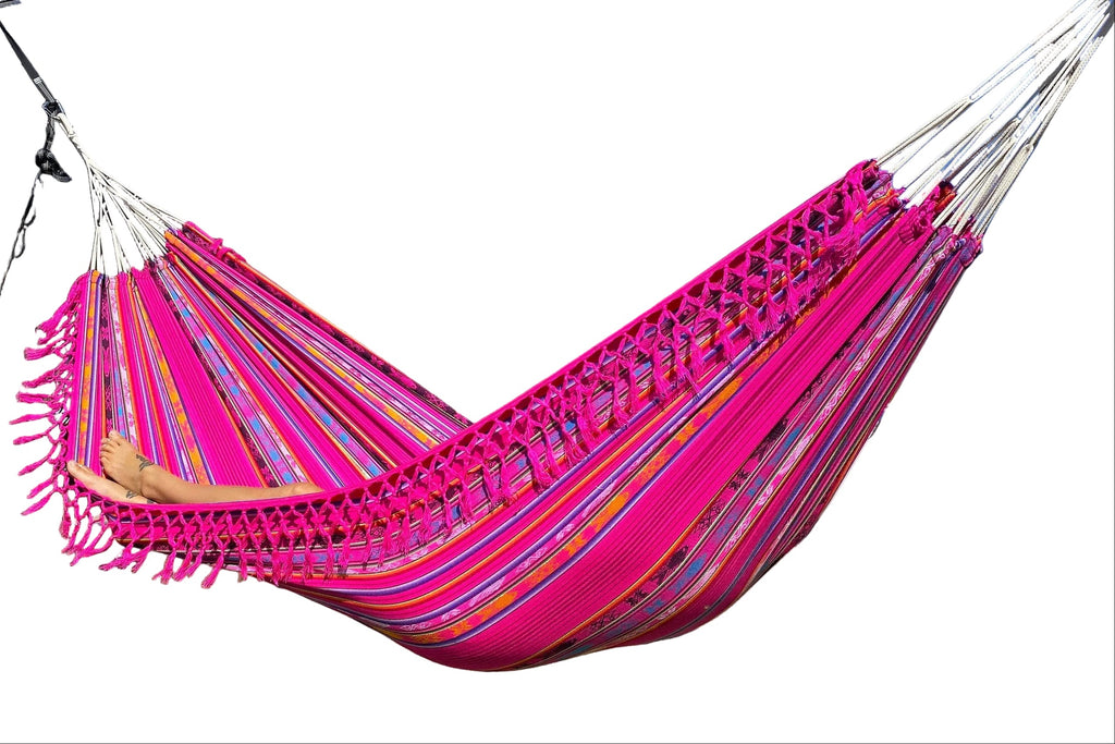 Ecuador Fringe Hammock • Pink Blend • Handwoven by Artisans • UV-Resistant • 500 lb Rated • Fair Trade • Free Shipping