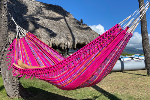 Ecuador Fringe Hammock • Pink Blend • Handwoven by Artisans • UV-Resistant • 500 lb Rated • Fair Trade • Free Shipping