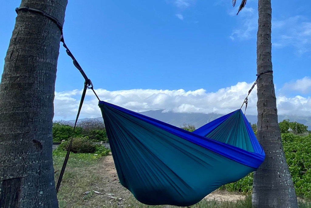 Parachute Silk Travel Hammock • Double 6.5’x10’ • 440 lb Rated • Includes 24 kN Carabiners & Stuff Sack • Ultralight & Breathable • Handcrafted in Bali Since 1996