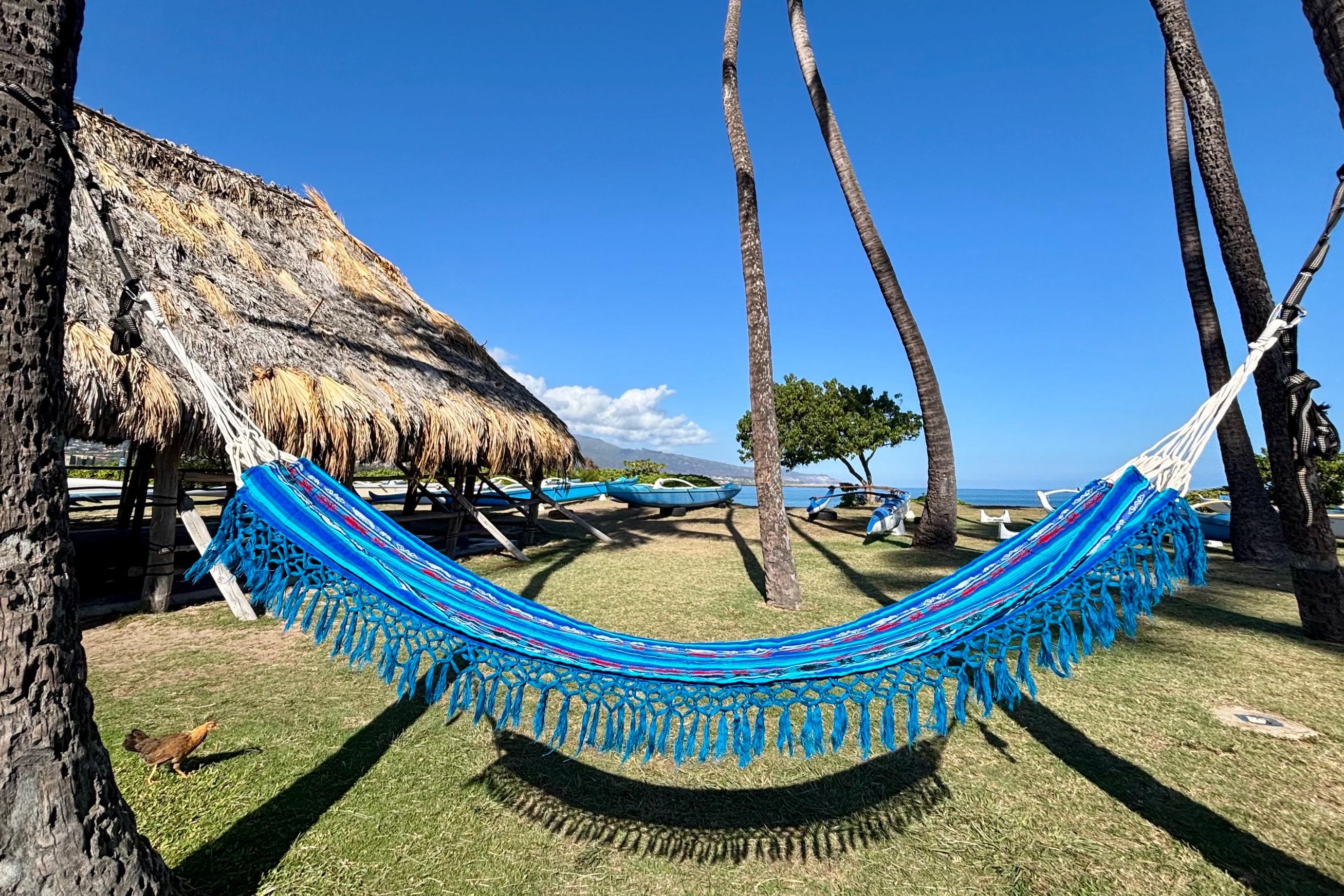 Ecuador Fringe Hammock • Blue Blend • Handwoven by Artisans • UV-Resistant • 500 lb Rated • Fair Trade • Free Shipping