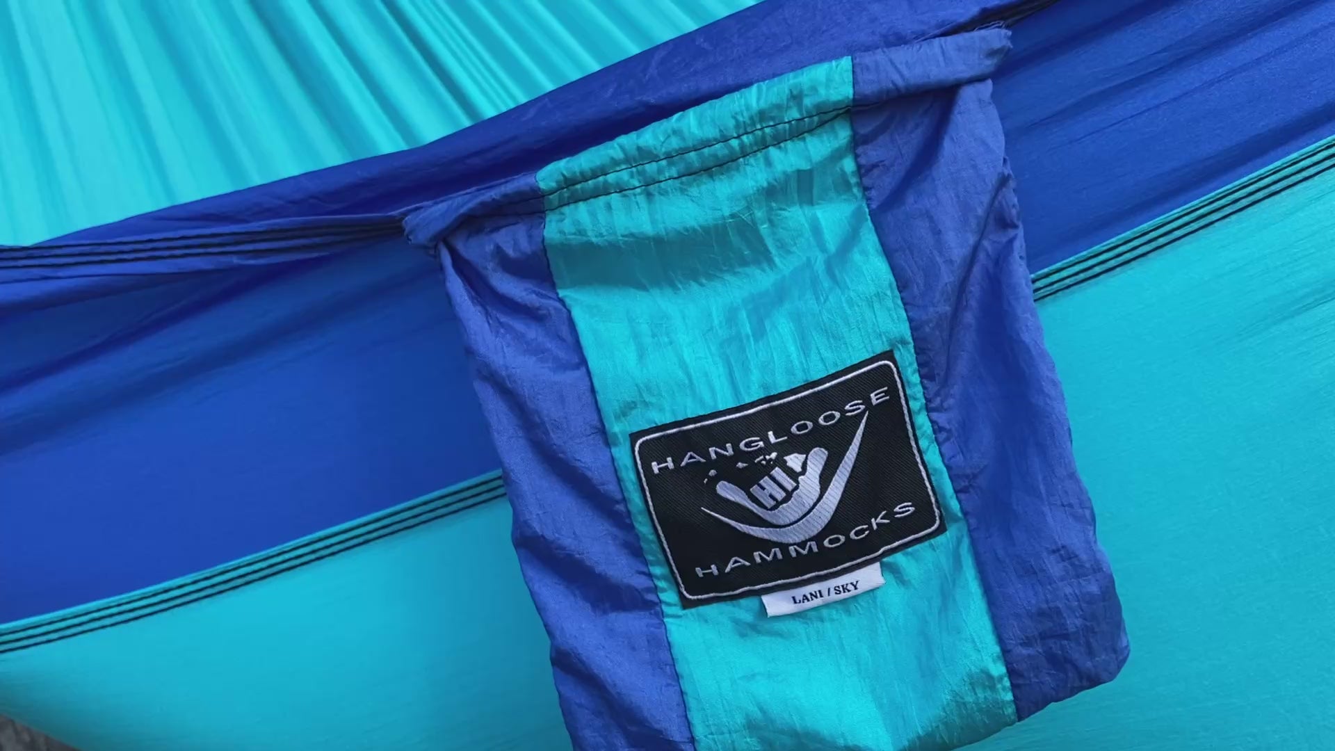 Parachute Silk Camping Hammock • Lani/Sky • Double XXL 6.5’x10’ • 440 lb Rated • Includes Carabiners & Stuff Sack • Ultralight & Packable • Handcrafted in Bali Since 1996