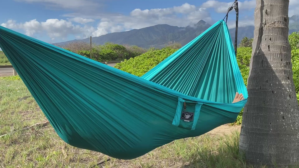 Parachute Silk Camping Hammock • Nalu/Wave • Double XXL 6.5’x10’ • 440 lb Rated • Includes Carabiners & Stuff Sack • Ultralight & Packable • Handcrafted in Bali Since 1996