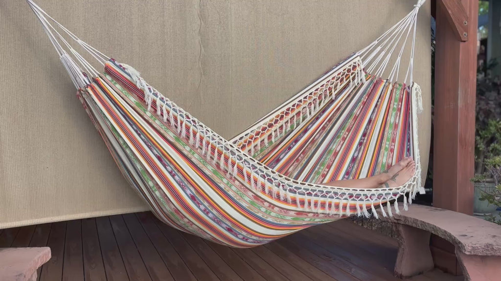 Braided Fringe Hammock: Inca Pattern, UV & Mildew Resistant, Lightweight, Cream Multicolor