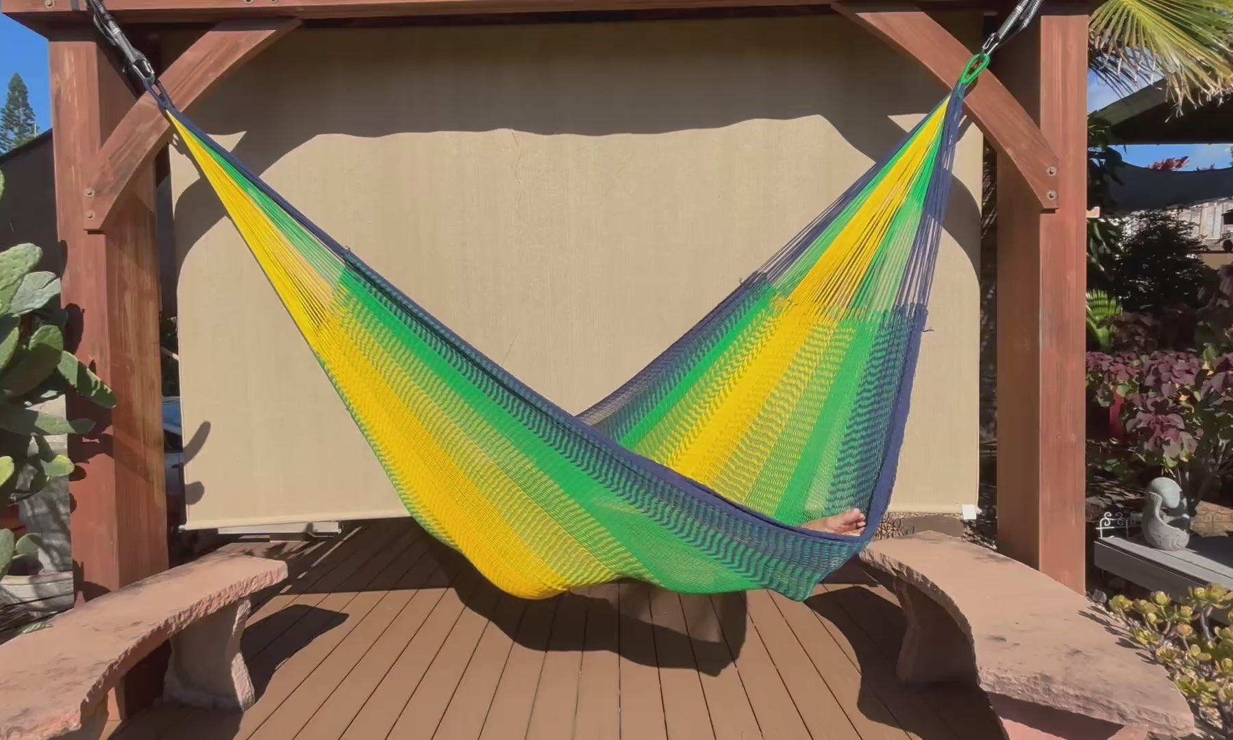 Handwoven Thai Hammock • Weather-Resistant, Fair Trade (Light Green, Dark Blue, Yellow Blend)