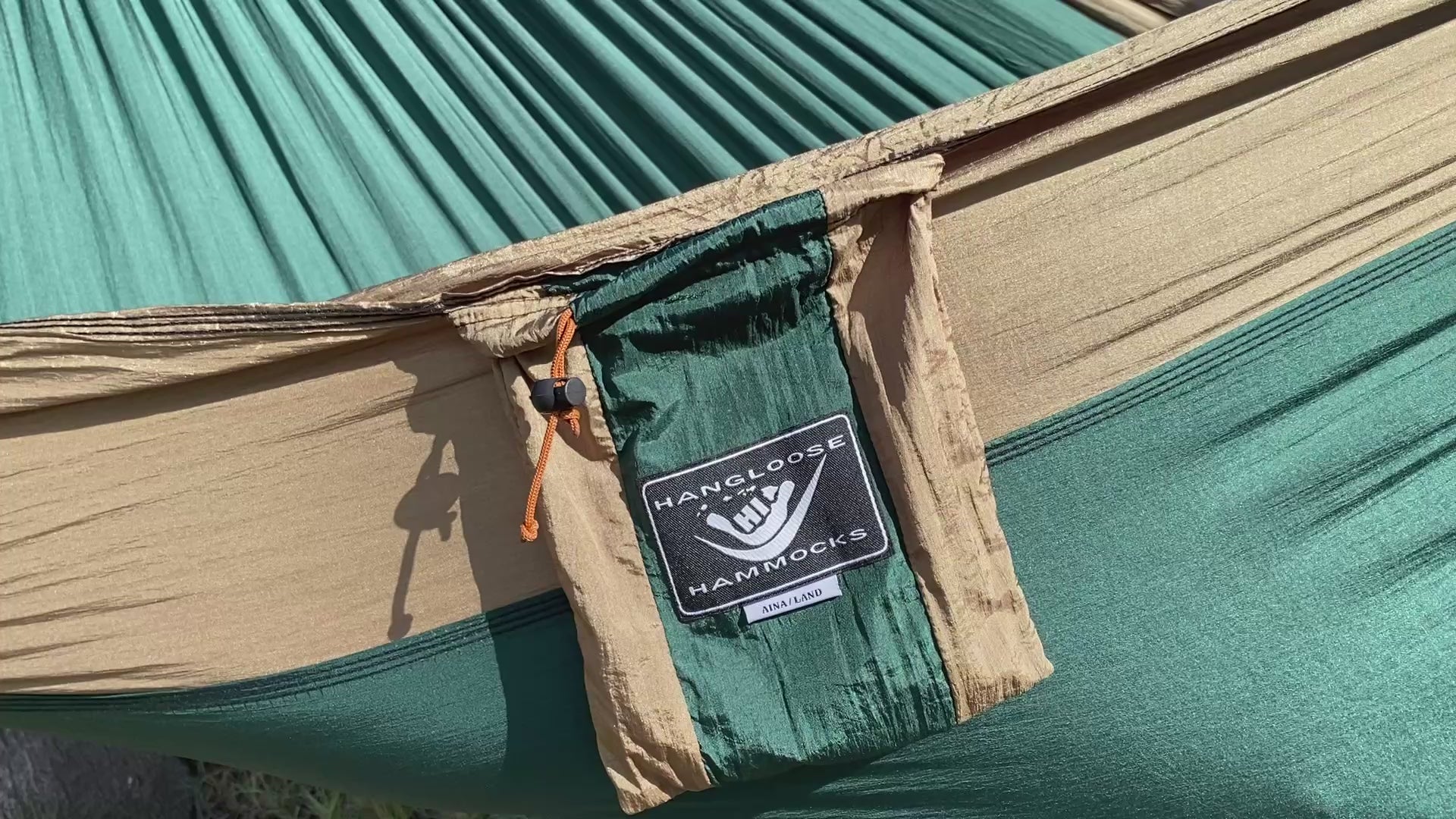 Parachute Silk Camping Hammock • Green, Tan • Double XXL 6.5’x10’ • 440 lb Rated • Includes Carabiners & Stuff Sack • Ultralight & Packable • Handcrafted in Bali Since 1996