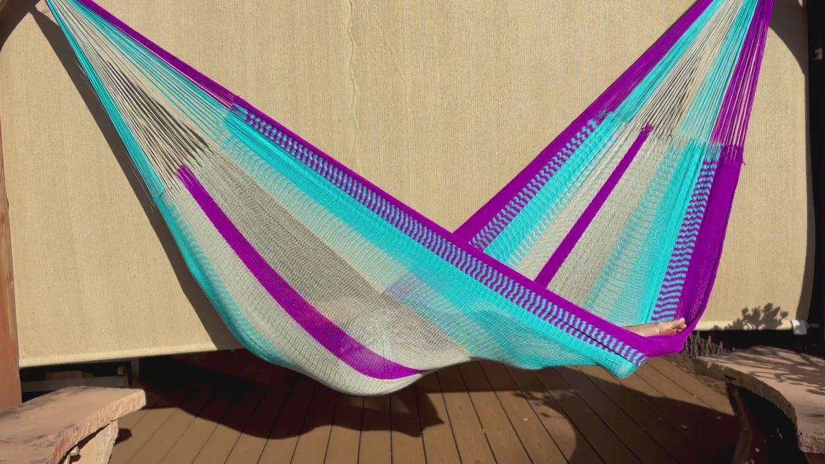 Handwoven Thai Hammock • Weather-Resistant • Fair Trade (Purple, Aqua, Grey Blend)