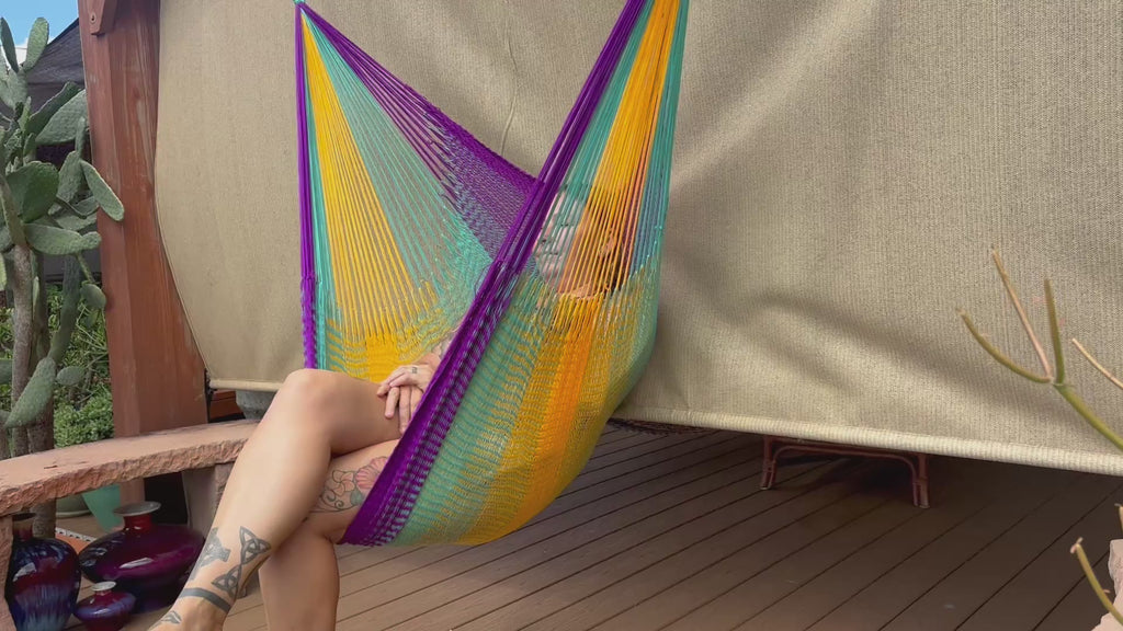 Thai Hammock Chair • Purple, Aqua & Yellow • Handwoven in Thailand • UV-Resistant • 500 lb Rated • Ultralight • Fair Trade