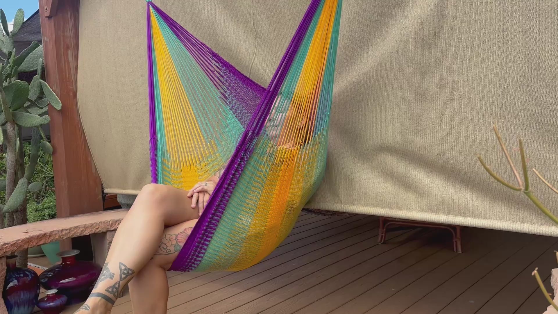 Thai Hammock Chair • Purple, Aqua & Yellow • Handwoven in Thailand • UV-Resistant • 500 lb Rated • Ultralight • Fair Trade