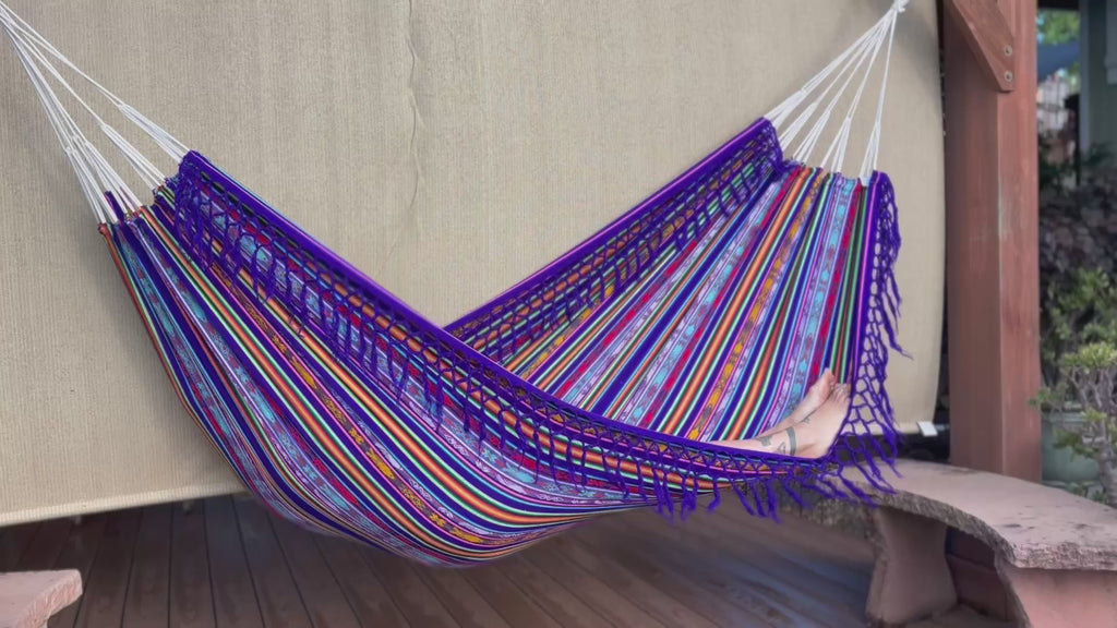 Braided Fringe Hammock: Inca Pattern, UV & Mildew Resistant, Lightweight, Purple Multicolor