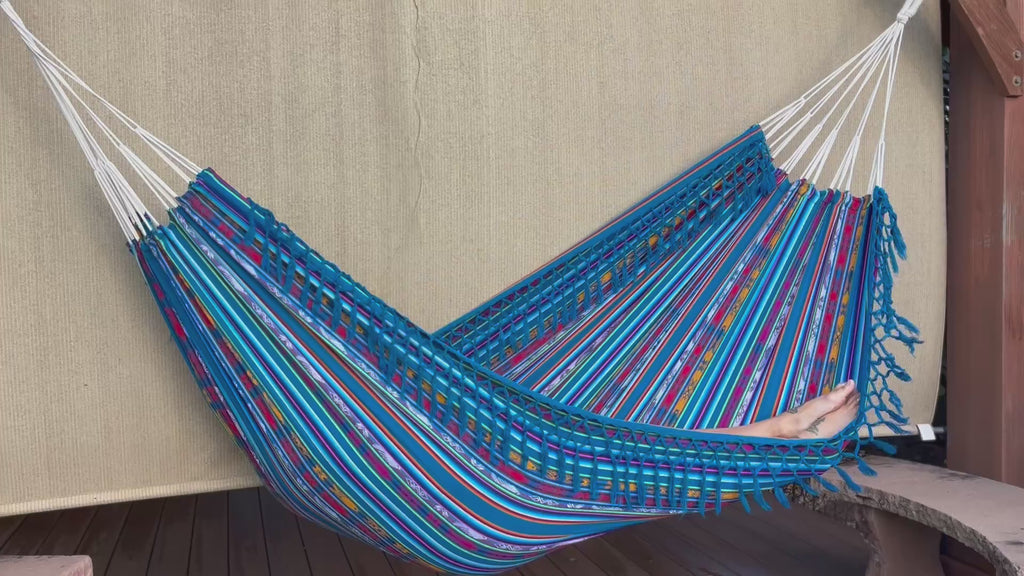 Braided Fringe Hammock: Inca Pattern, UV & Mildew Resistant, Lightweight, Electric Blue