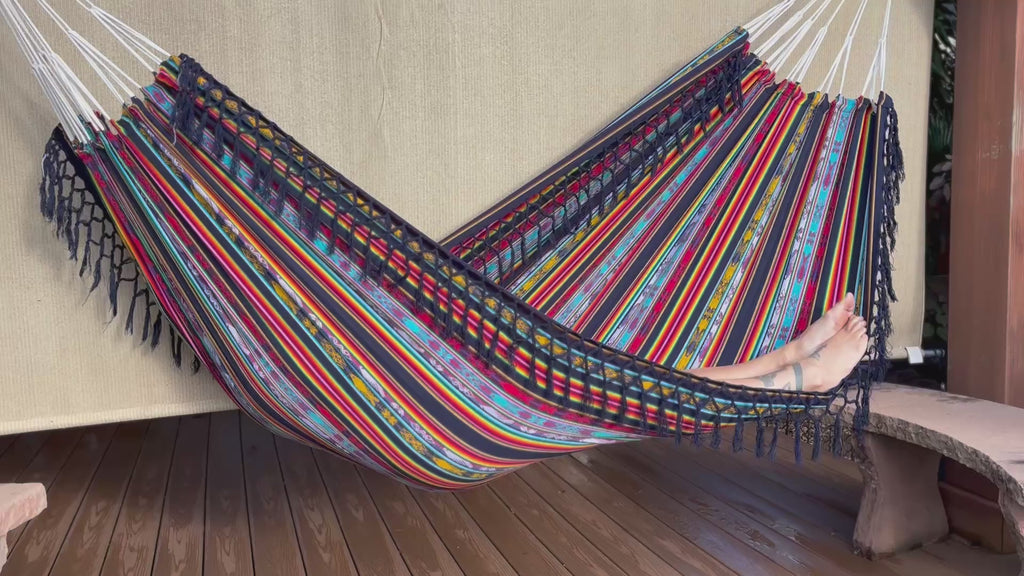Braided Fringe Hammock: Inca Pattern, UV & Mildew Resistant, Lightweight, Navy Multicolor