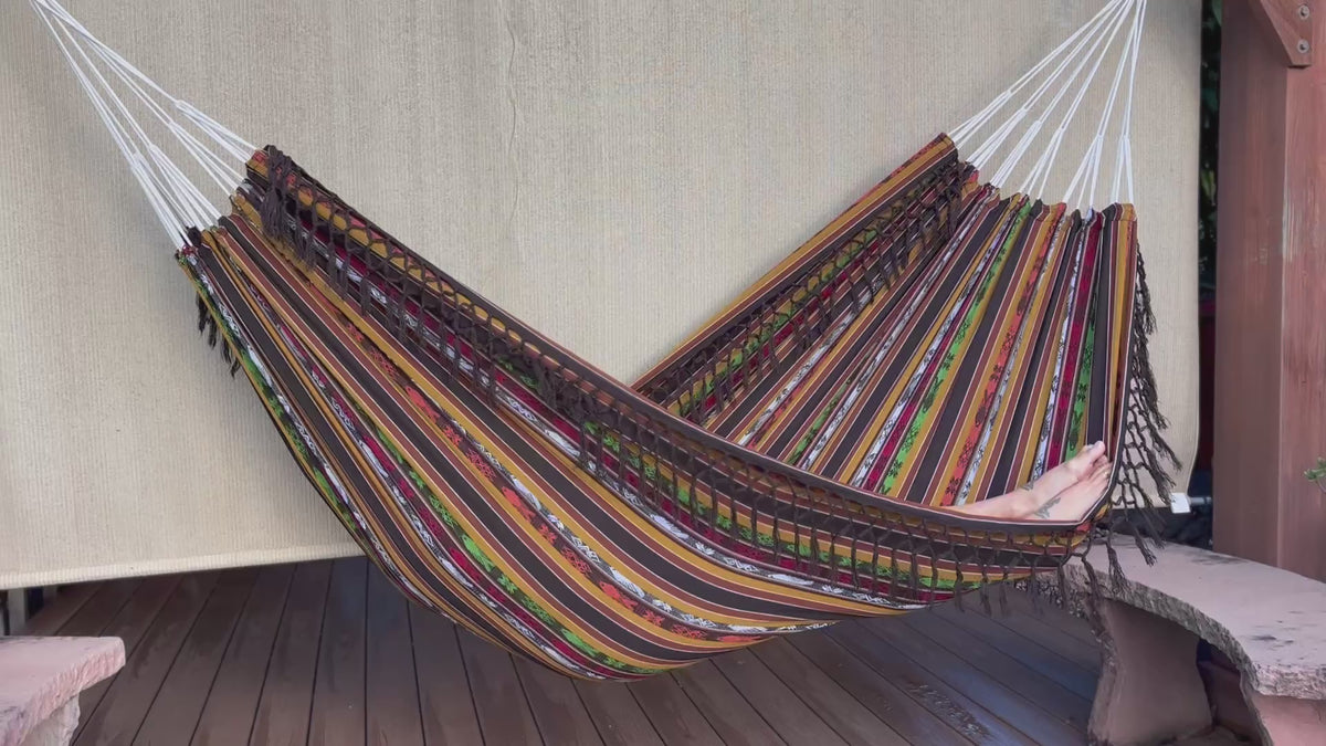 Braided Fringe Hammock: Inca Pattern, UV & Mildew Resistant, Lightweight, Coffee Color Blend