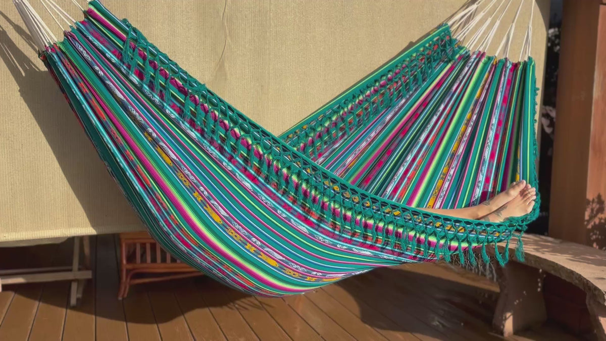 Braided Fringe Hammock: Inca Pattern, UV & Mildew Resistant, Lightweight, Sea Foam Color Blend