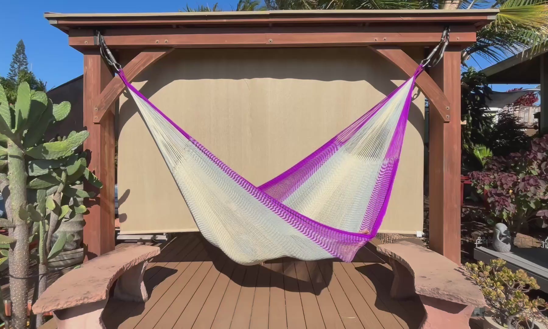 Handwoven Thai Hammock • Weather-Resistant, Fair Trade (Cream, Grey , Purple)