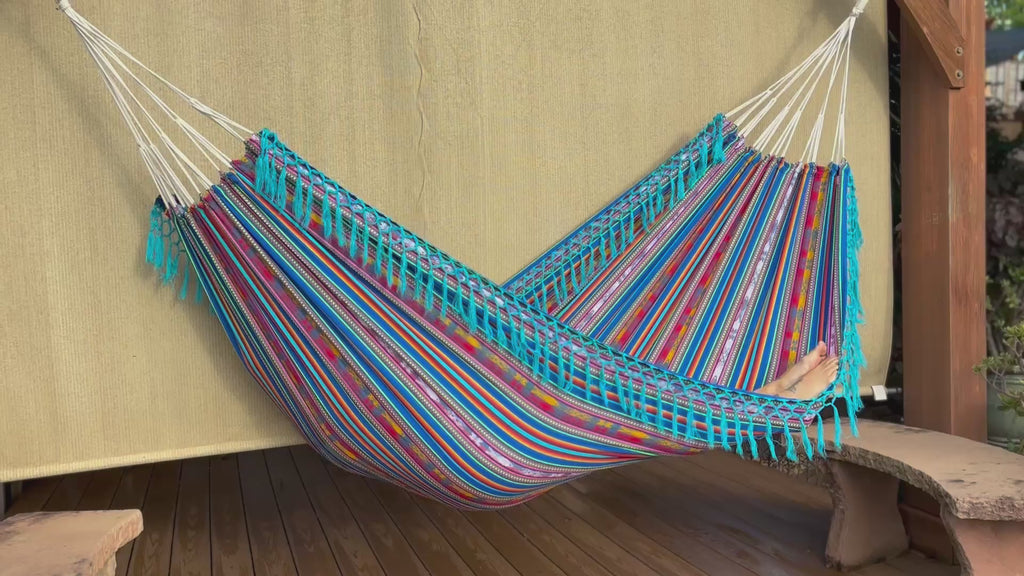 Braided Fringe Hammock: Inca Pattern, UV & Mildew Resistant, Lightweight, Aqua Blend