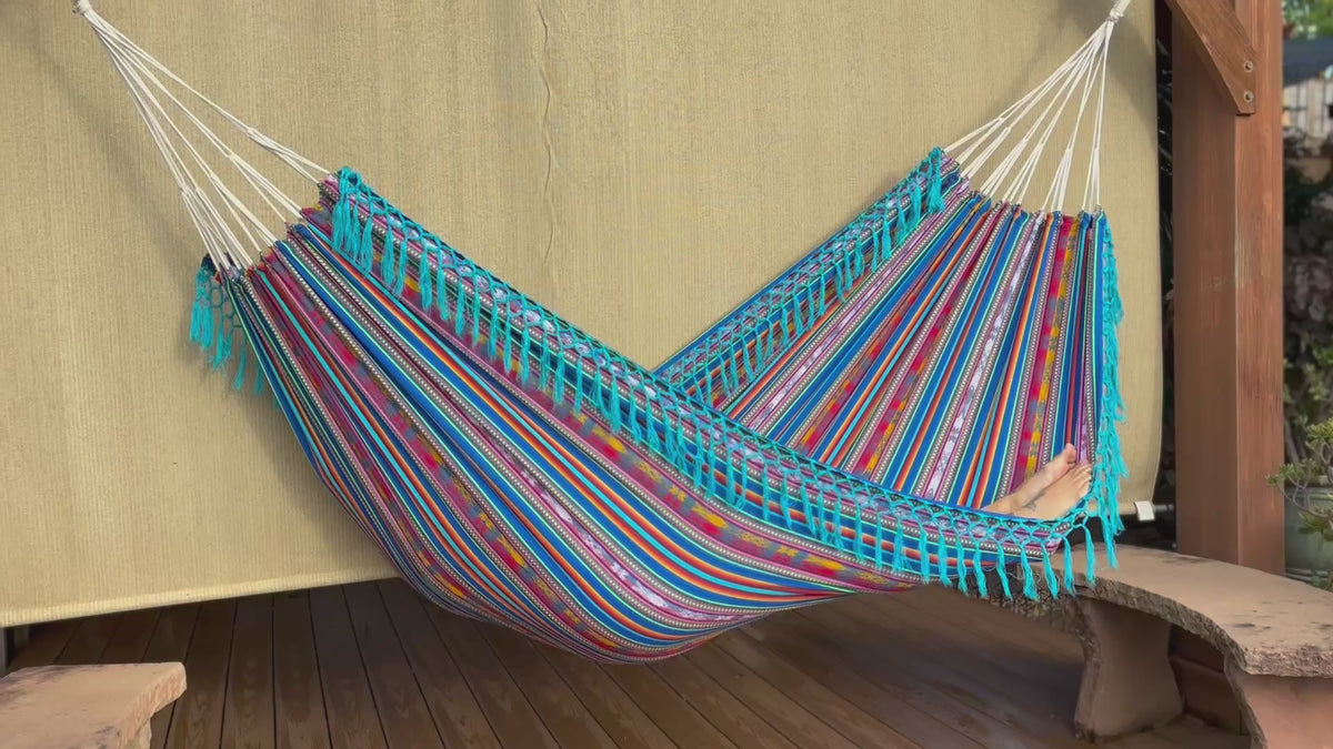 Braided Fringe Hammock: Inca Pattern, UV & Mildew Resistant, Lightweight, Aqua Blend