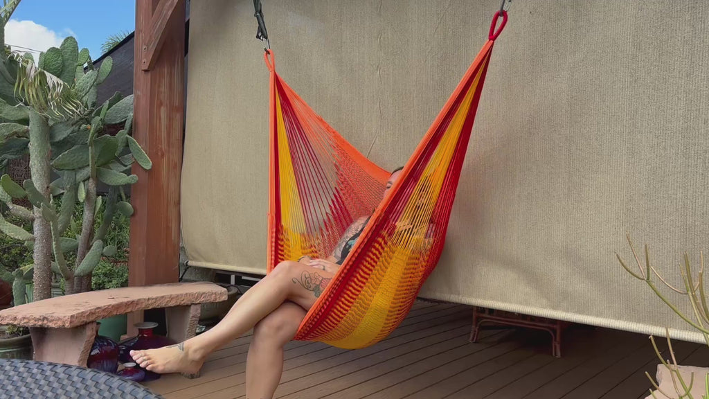 Thai Hammock Chair • Orange, Maroon & Mustard • Handwoven in Thailand • UV-Resistant • 500 lb Rated • Ultralight • Fair Trade