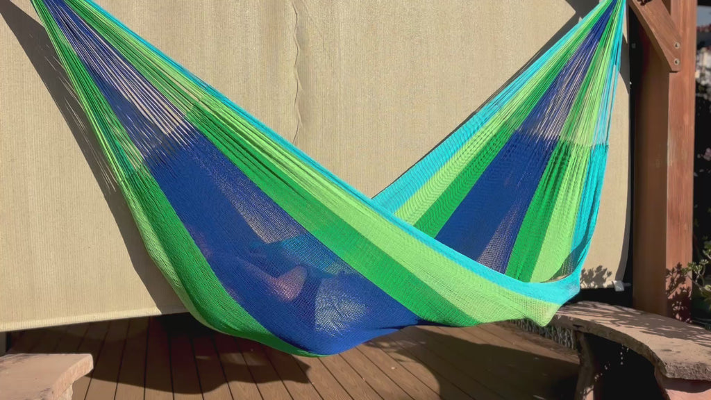 Handwoven Thai Hammock • Weather-Resistant, Fair Trade, Lightweight Green, Dark Green, Aqua, Blue Blend