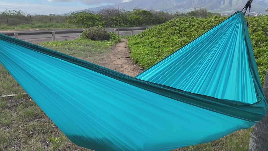 Parachute Silk Camping Hammock • Nalu/Wave • Double XXL 6.5’x10’ • 440 lb Rated • Includes Carabiners & Stuff Sack • Ultralight & Packable • Handcrafted in Bali Since 1996