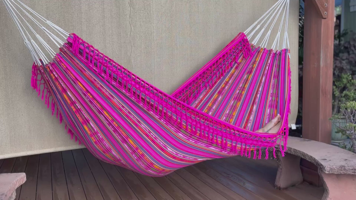 Braided Fringe Hammock: Inca Pattern, UV & Mildew Resistant, Lightweight, Pink Multicolor