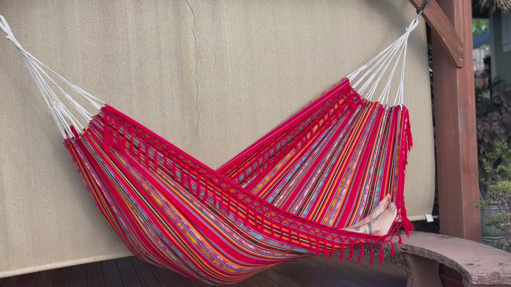 Braided Fringe Hammock: Inca Pattern, UV & Mildew Resistant, Lightweight, Red Multicolor