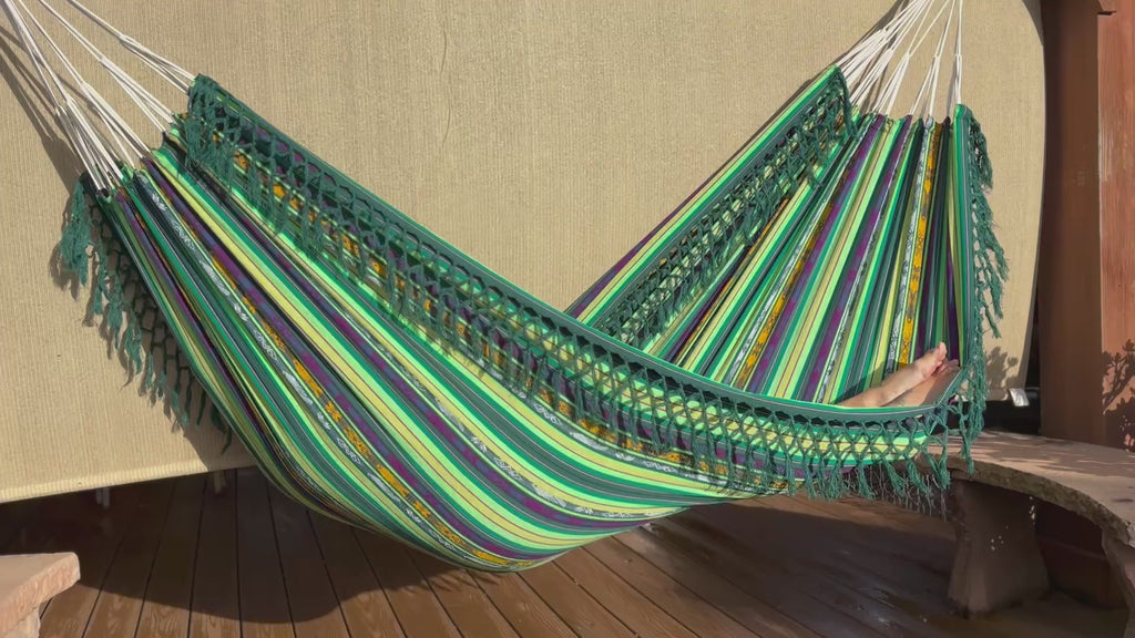 Braided Fringe Hammock: Inca Pattern, UV & Mildew Resistant, Lightweight, Green Blend