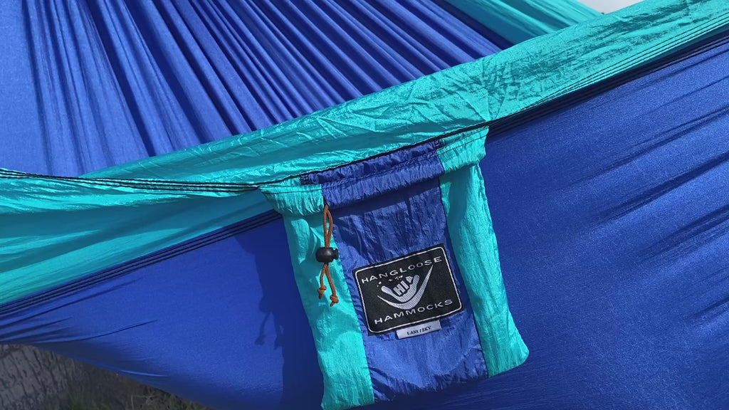 Parachute Silk Camping Hammock • Lani/Sky • Double XXL 6.5’x10’ • 440 lb Rated • Includes Carabiners & Stuff Sack • Ultralight & Packable • Handcrafted in Bali Since 1996