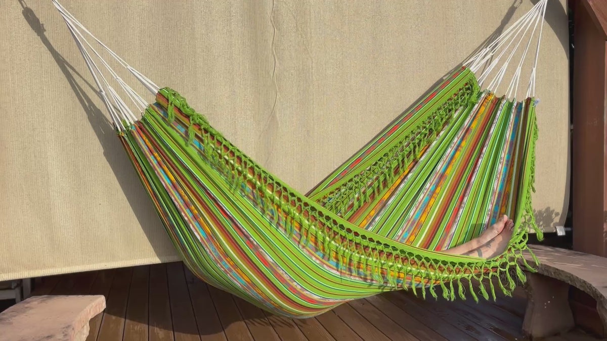 Braided Fringe Hammock: Inca Pattern, UV & Mildew Resistant, Lightweight, Light Green Blend