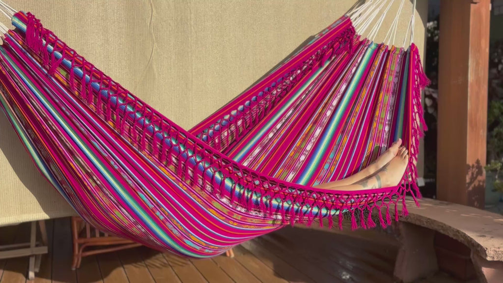 Braided Fringe Hammock: Inca Pattern, UV & Mildew Resistant, Lightweight, Fuchsia Color