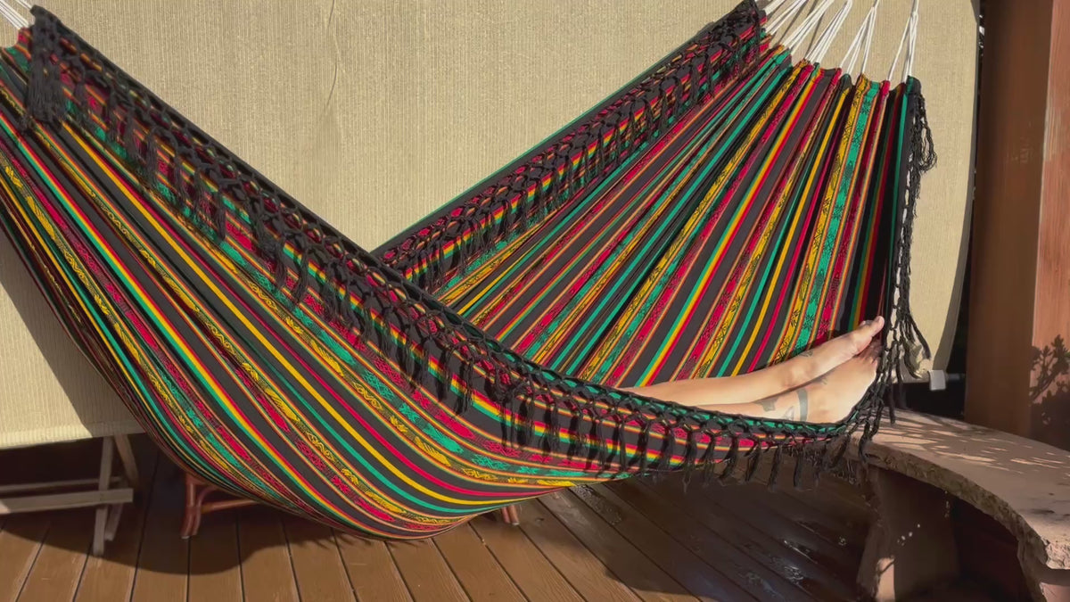 Braided Fringe Hammock: Inca Pattern, UV & Mildew Resistant, Lightweight, Rasta Color