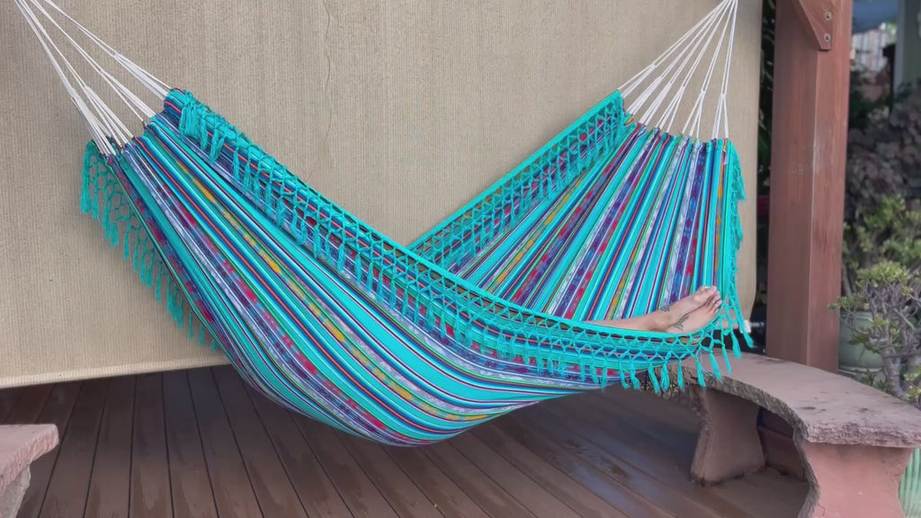 Braided Fringe Hammock: Inca Pattern, UV & Mildew Resistant, Lightweight, Sea View